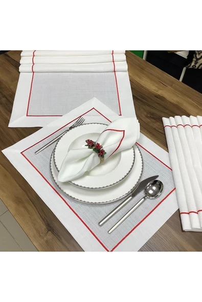 OYA home Kırmızı Piko Dikişli Amerikan Servis(8)& Peçete(8) & Runner Set -17 Parça - Resim 4