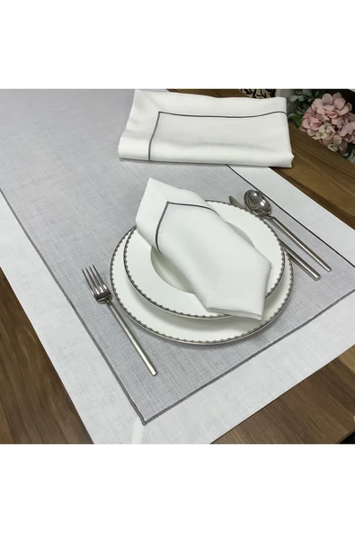 OYA home Gri Piko Dikişli Masa Örtüsü (1) & Peçete (12) & Ranır (1) Set -14 Parça