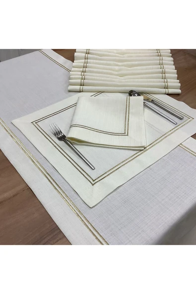OYA home Altın Sim Çift Pikolu Masa Örtüsü(1) & Ranır(1) & Peçete(8) & Amerikan Servis(8) - 18 Parça