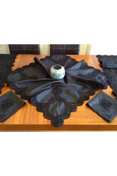 OYA home Siyah Fransız Dantelli Boncuklu Oda Takimi -5 Parca