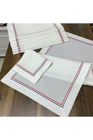 OYA home Kırmızı&mavi Çift Pikolu Amerikan Servis(6)& Peçete(6)& Ranır (1) Set -13 Parça - Resim 5