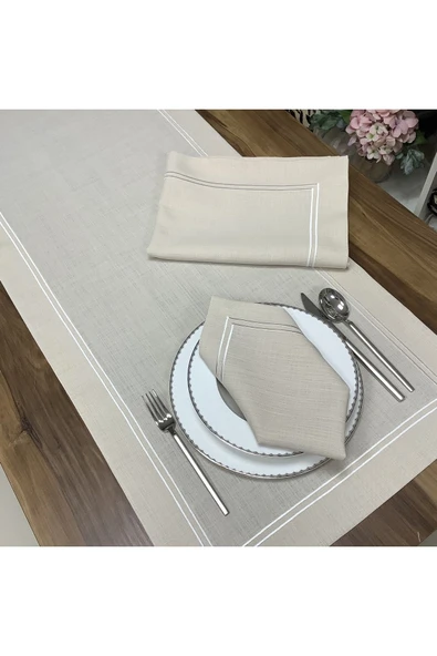 OYA home Kırık Beyaz Çift Dikişli Masa Örtüsü(1) & Peçete (8) & Ranır (1) Set -10 Parça