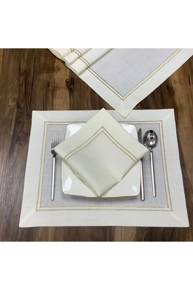 OYA home Altın Sim Çift Pikolu Masa Örtüsü(1) & Ranır(1) & Peçete(8) & Amerikan Servis(8) - 18 Parça - 3