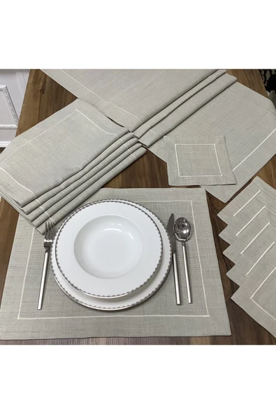 OYA home Taş Rengi Amerikan Servis (6)& Kahve Peçetesi (6) & Ranır (1) -13 Parça