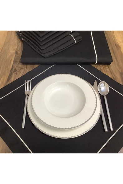 OYA home Siyah Zemin Gümüş Pikolu Masa Örtüsü(1) & Peçete Takımı (8) - Toplam 9 Parça - 4