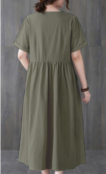 Keten Günlük Rahat V Yaka Beli Büzgü Detaylı Düğmeli Elbise - Resim 2