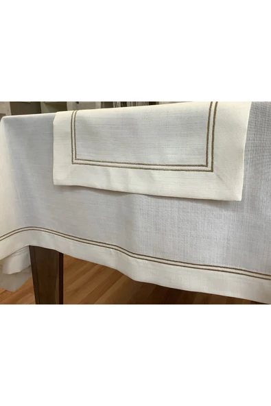 OYA home Altın Sim Çift Pikolu Masa Örtüsü(1) & Ranır(1) & Peçete(8) & Amerikan Servis(8) - 18 Parça - 7