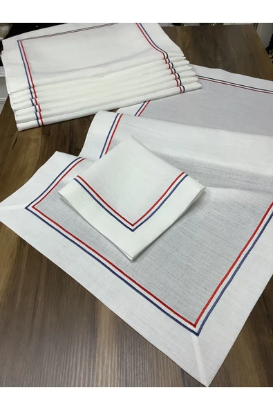 OYA home Kırmızı&mavi Çift Pikolu Amerikan Servis(6)& Peçete(6)& Ranır (1) Set -13 Parça - Resim 2