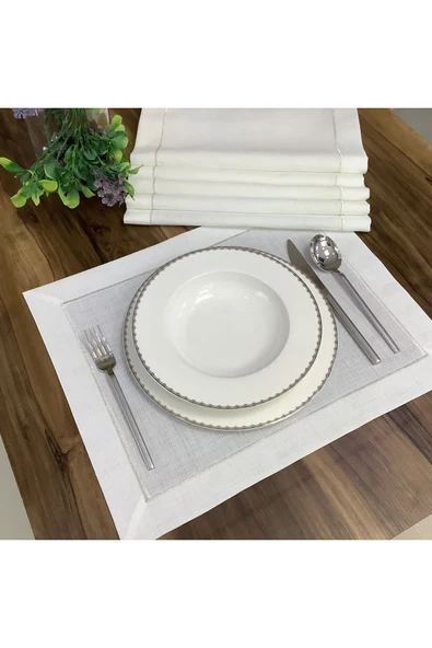 OYA home Çift Pikolu Gümüş Masa Örtüsü(1) Ranır(1) Peçete (12) Amerıkan Servıs (12) Set -26 Parça - 3