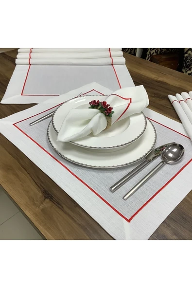 OYA home Kırmızı Piko Dikişli Amerikan Servis(8)& Peçete(8) & Runner Set -17 Parça - Resim 5