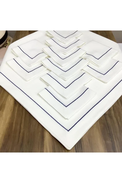 OYA home Mavi Piko Dikiş Detaylı Masa Örtüsü (1) & Peçete(8) Set -toplam 9 Parca