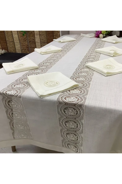 OYA home Gül Dantel Desenli Masa Örtüsü & Peçete (12) Set -13 parça - 4