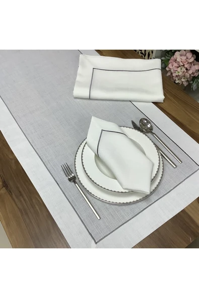 OYA home Gri Piko Dikişli Masa Örtü(1) & Peçete (8) & Ranır (1) &kaşıklık (8) Set -18 Parça