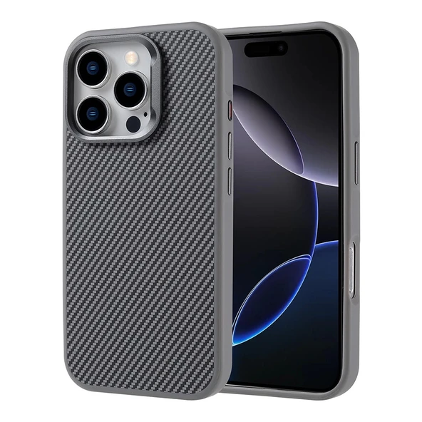 Apple iPhone 16 Pro Kılıf M-safe Şarj Özellikli Karbon Fiber Görünümlü Zore Troy Kapak