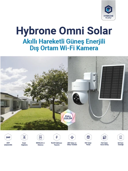 Hybrone Omni Solar Dış Ortam Bataryalı ve Güneş Enerjili Wi-Fi Akıllı Kamera, Renkli Gece Görüşü, 360 Derece Görüntüleme, İnsan Algılama, Siren - 2