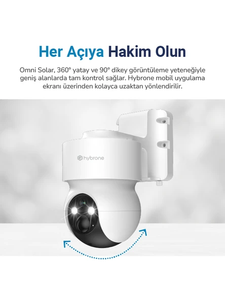 Hybrone Omni Solar Dış Ortam Bataryalı ve Güneş Enerjili Wi-Fi Akıllı Kamera, Renkli Gece Görüşü, 360 Derece Görüntüleme, İnsan Algılama, Siren - 3