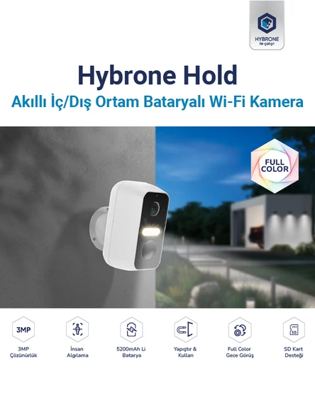 Hybrone Hold İç ve Dış Ortam Bataryalı Wi-Fi Akıllı Kamera, Renkli Gece Görüşü, Siren ve Işığı ile Aktif Caydırıcılık, - 2