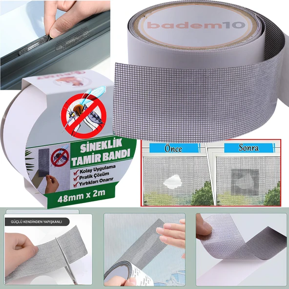 48 mm x 2 Metre Yapışkanlı Sineklik Tülü Tamir Bandı Yırtık Kopmuş Delik Fiber Tül Yapıştırma Gri