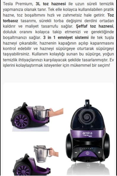 Arnica Turbo Fırçalı Halı Döver Başlık Tesla Premium Toz Torbasız Sessiz Elektrikli Süpürge Mor - 5