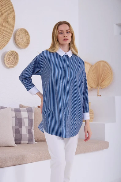 ÇİZGİLİ TAŞLI PAMUKLU GÖMLEK - 2