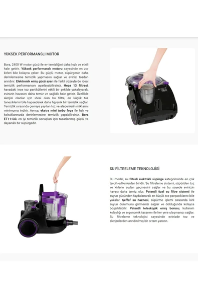 Arnica SU Filtreli Toz ve alerjenleri etkin YÜKSEK PERFORMANSLI EMİŞ GÜCÜ Bora Süpürge Mor + Hediye - 6