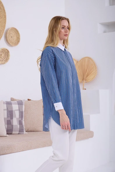 ÇİZGİLİ TAŞLI PAMUKLU GÖMLEK - 3