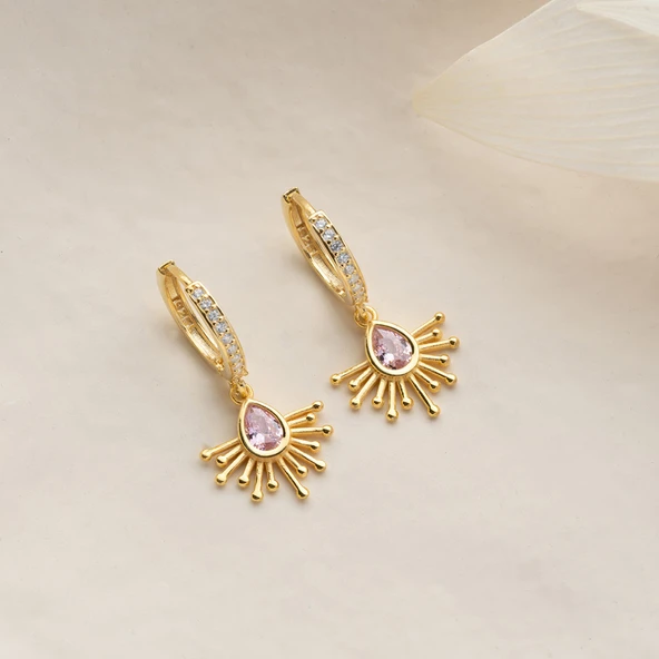 Vaoov 925 Ayar Gümüş Pembe Damla Taşlı Güneş Küpe - Resim 5