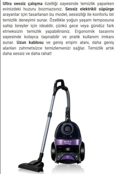 Arnica Turbo Fırçalı Halı Döver Başlık Tesla Premium Toz Torbasız Sessiz Elektrikli Süpürge Mor - 4