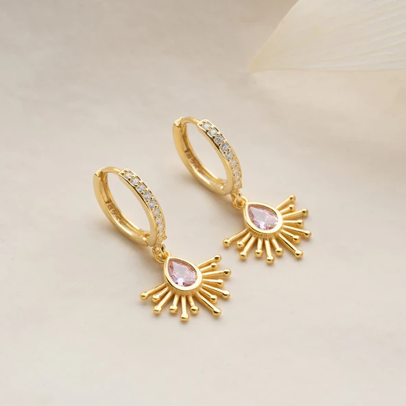 Vaoov 925 Ayar Gümüş Pembe Damla Taşlı Güneş Küpe ürün görseli