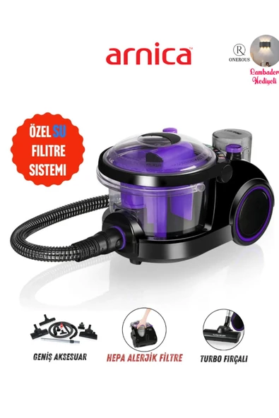 Arnica SU Filtreli Toz ve alerjenleri etkin YÜKSEK PERFORMANSLI EMİŞ GÜCÜ Bora Süpürge Mor + Hediye