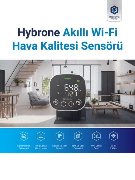 Hybrone Akıllı Wi-Fi Hava Kalitesi Sensörü, Karbondioksit Göstergesi, Sıcaklık ve Nem Ölçer, Uygulama ile Anında Bildirim - 2
