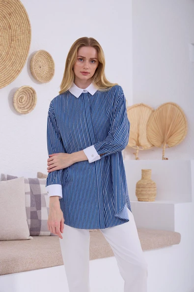 ÇİZGİLİ TAŞLI PAMUKLU GÖMLEK