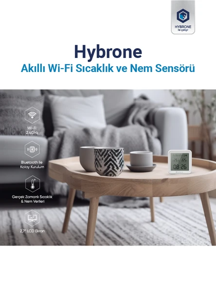 Hybrone Akıllı Wi-Fi LCD Ekranlı Sıcaklık ve Nem Sensörü, Gerçek Zamanlı Sıcaklık ve Nem Verileri, Uygulama Üzerinden Anında Bildirim - 2
