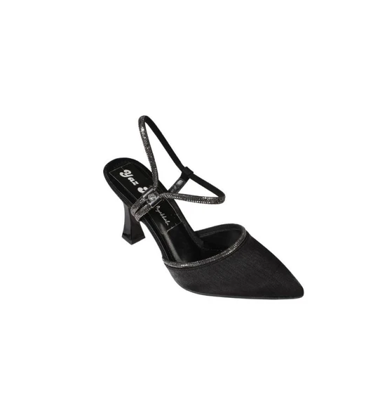 YAZKIŞ Kadın Ten Gümüş Siyah Saten Bilekten Taşlı 9cm Şamdan Topuk Sivri Burun Abiye Ayakkabı ürün görseli