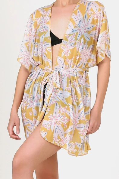 Pareo Plaj Elbisesi Kimono Std Çiçekler Sarı - 6