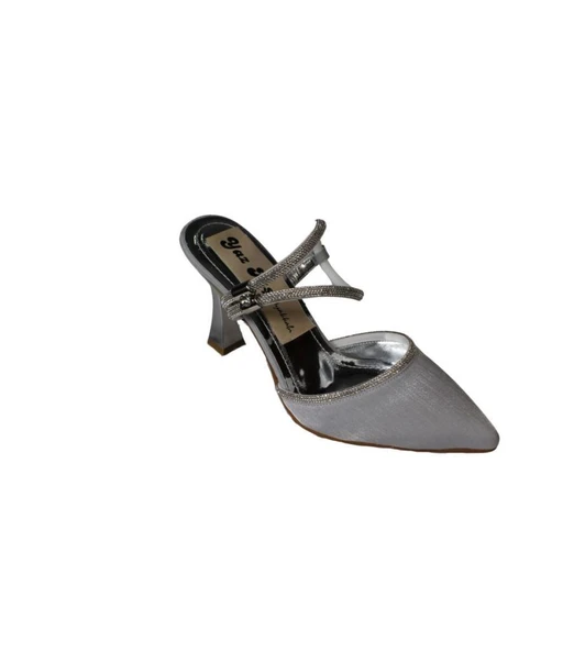 YAZKIŞ Kadın Ten Gümüş Siyah Saten Bilekten Taşlı 9cm Şamdan Topuk Sivri Burun Abiye Ayakkabı - Resim 4