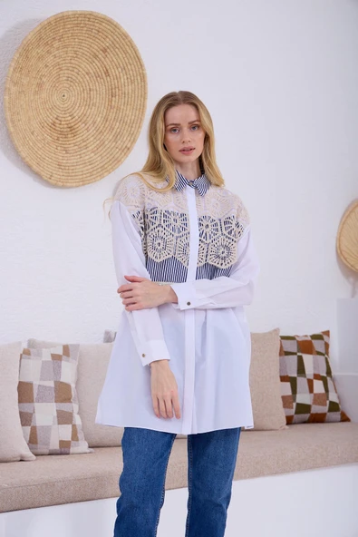 BRODE DETAYLI ÇİZGİLİ GÖMLEK - 2