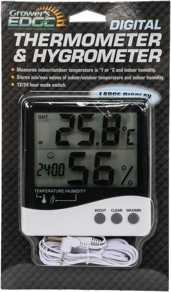 Growers Edge Büyük Ekran Dijital Termometre - Nem Ölçer - Saat / Thermometer / Hygrometer