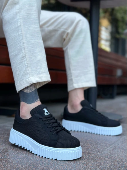 ET0803 Yüksek Taban Triko Siyah Erkek Ayakkabı - Resim 5