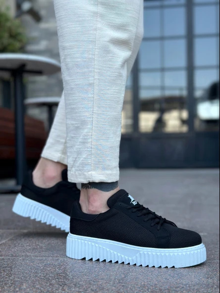 ET0803 Yüksek Taban Triko Siyah Erkek Ayakkabı - Resim 6