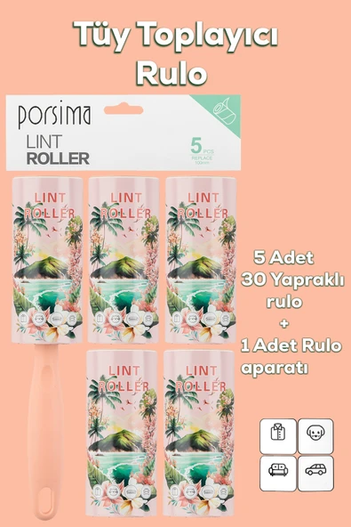 Porsima 3106 Kedi Köpek Tüy Toplayıcı Rulo + 4 Adet Yedek Rulo Somon
