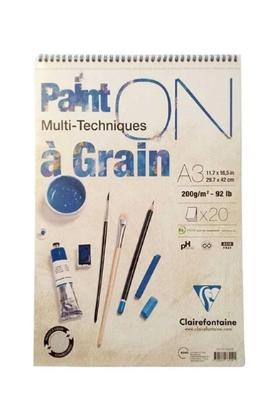 Claırefontaıne Paınt-On A Graın A3 Çizim Blok 200 Gr 20 Yaprak Üstten Spiralli - Tekli