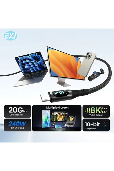 MFS  240W Type-C'den C'ye Hızlı Şarj Kablosu - Akıllı Dijital Ekran, Dayanıklı Çinko Naylon Örgülü - 6