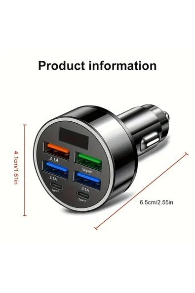 MFS  6'sı 1 Arada Hızlı Şarj Araba Adaptörü, 3.1A & Çift Type-C, Dijital Ekran - 3