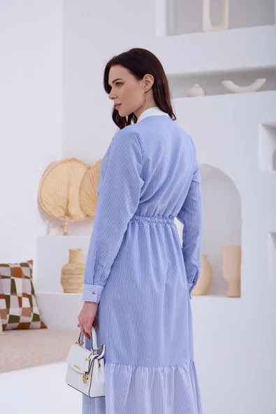 AKSESUAR DETAYLI ÇİZGİLİ ELBİSE - 2