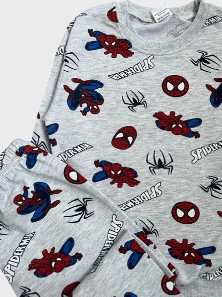 Erkek Çocuk Pamuklu Gri Örümcek Adam Desenli Uzun Kollu Mevsimlik Pijama Takımı - 3