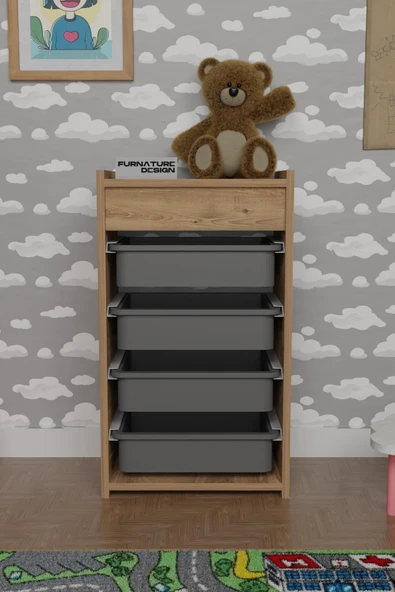 4 Sepetli Oyuncak Dolabı Çok Amaçlı Mutfak Dolabı Sebzelik Atlantik Çam - Gri - 2