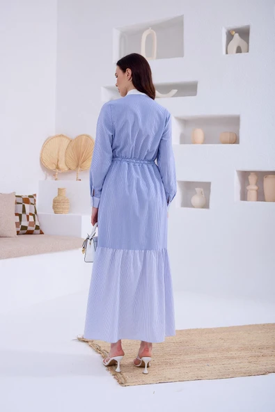 AKSESUAR DETAYLI ÇİZGİLİ ELBİSE - 3