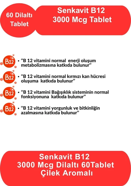 Senkavit B12 3000 Mcg Dil altı (Sublıngual) 60 tablet Çilek Aromalı - 3