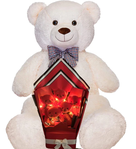 Sevimli 90 cm Peluş Ayı ile Led Peri Işıklı  Kırmızı Peluş Ayıcık Buketi - 11